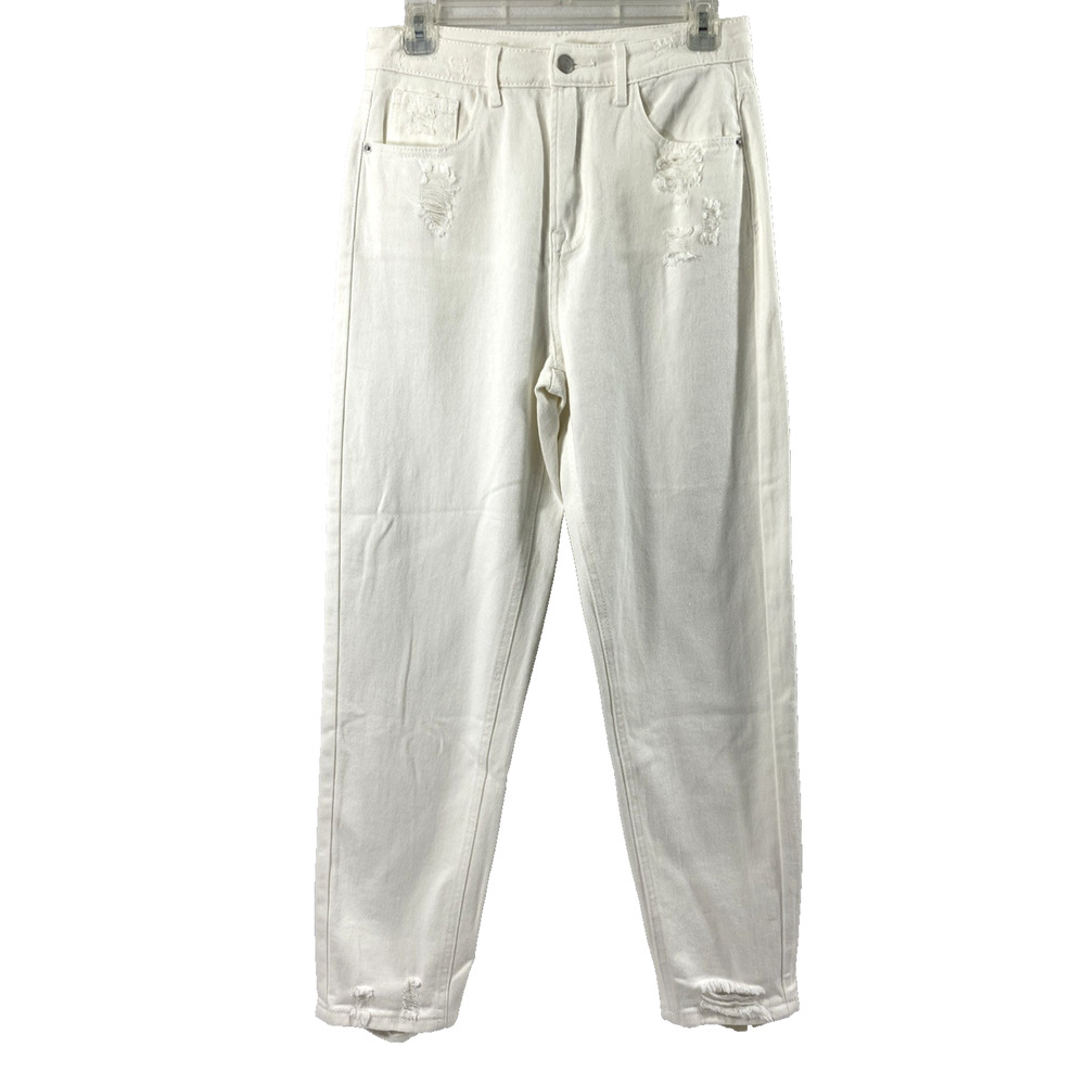 Womens White Denim Jeans Size 4 Destroyed Straight Pockets High Rise Festival